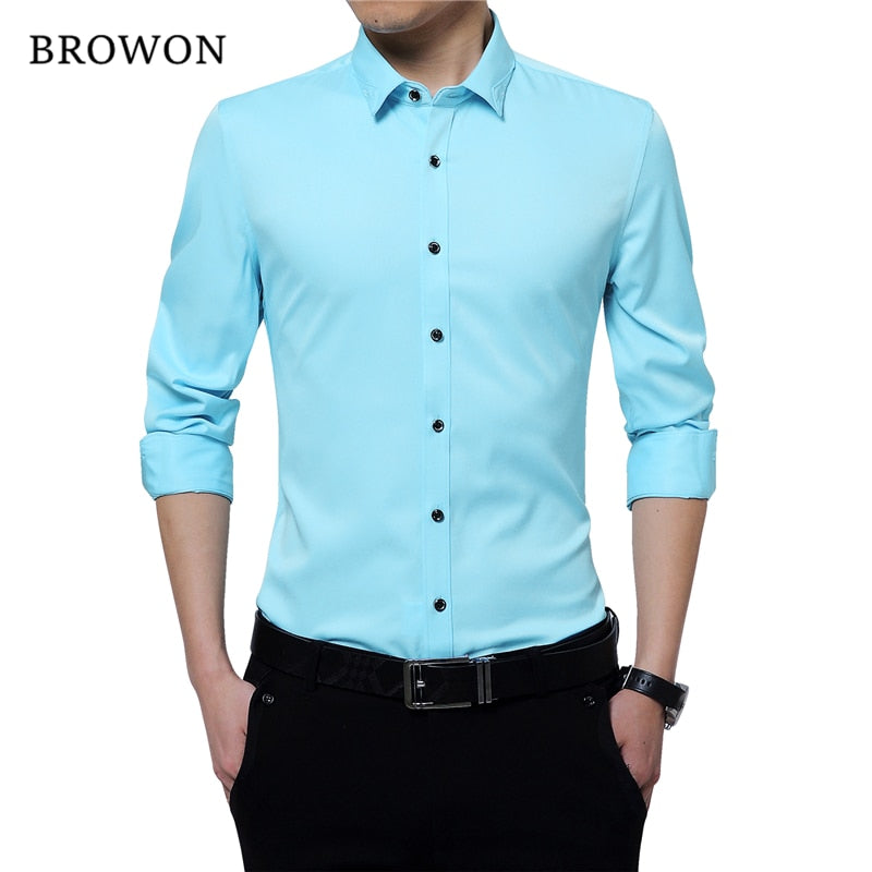BROWON Brand Silky Formal Shirt Men Classic Business Long Sleeve Solid Color Embroidery Collar Slim Fit Shirt Brand-clothing