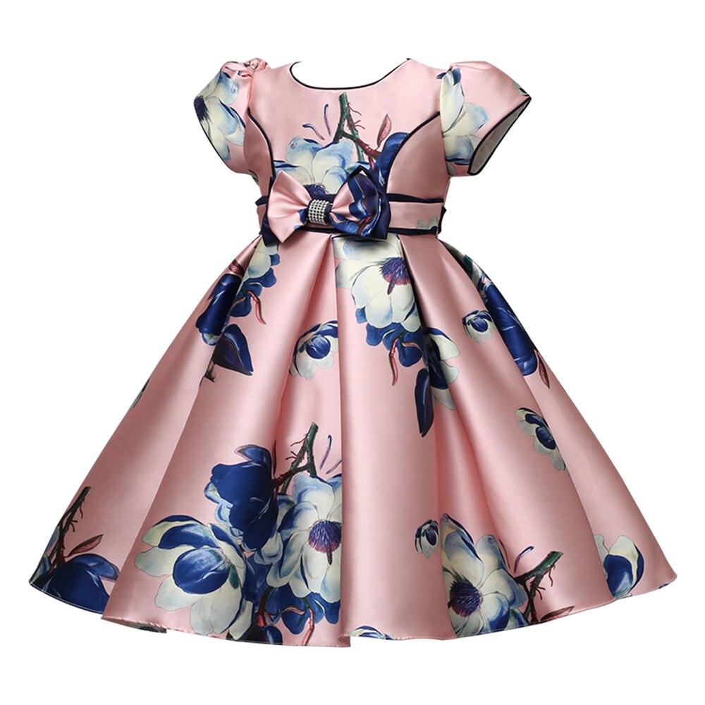 Yoliyolei Satin A-Line Cute Dress Girls Birthday Floral Print Dresses Children Clothing Casual Princess Party Clothes With Bow