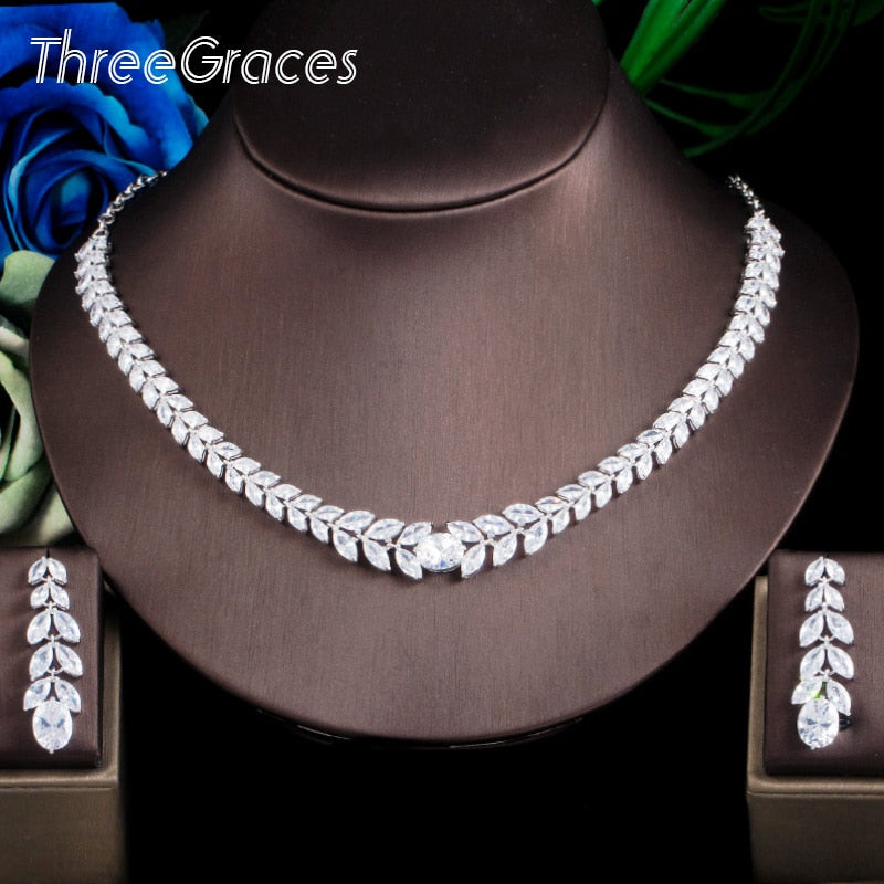 ThreeGraces Elegant Nigerian Leaf Sparkling White Cubic Zirconia Engagement Necklace Drop Earrings Costume Jewelry Sets JS643