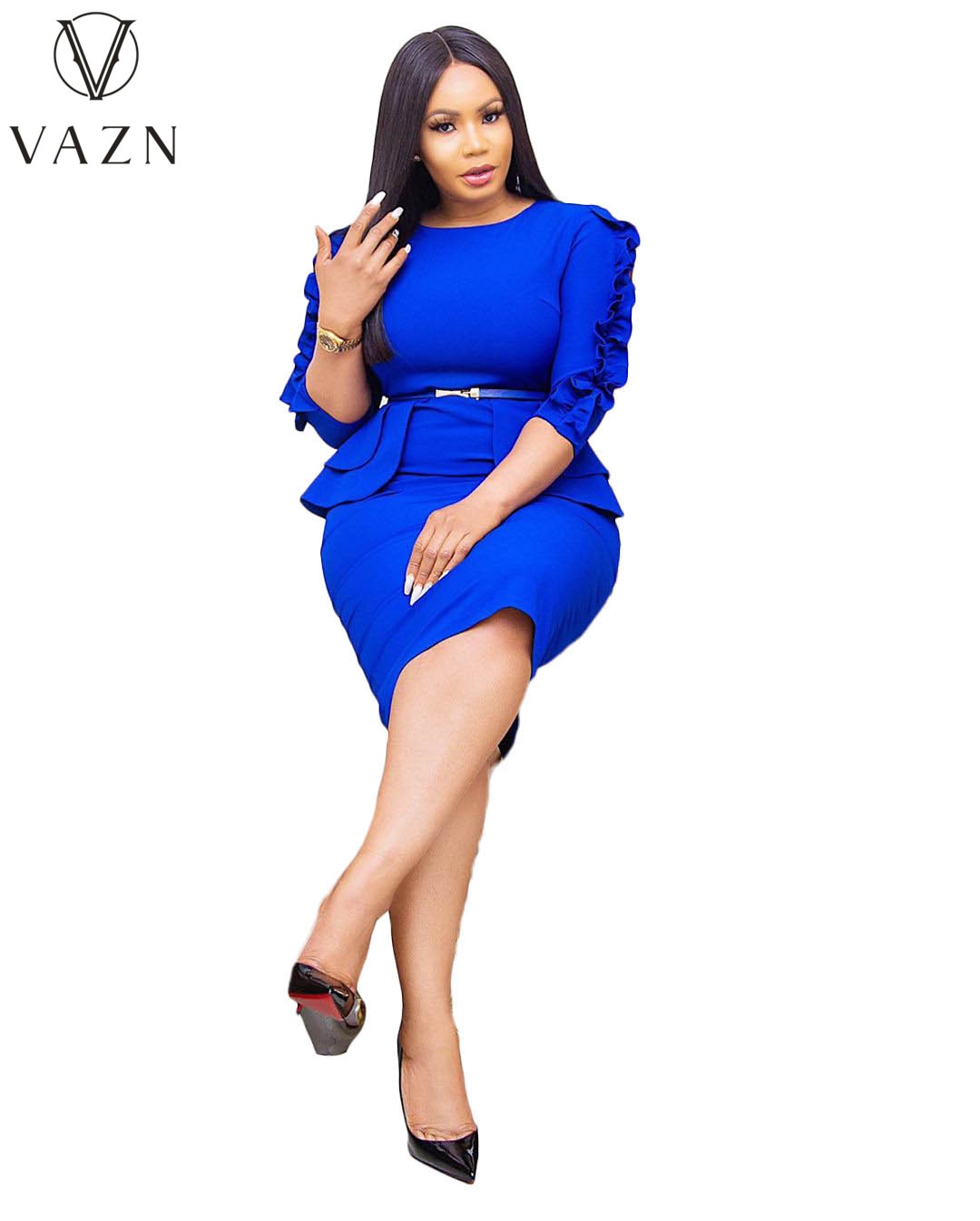 VAZN 2021 Spring Blue High-end Daily Overalls Mature Sweet Three Quarter Sleeve High Waist Women Pencil Midi Dress
