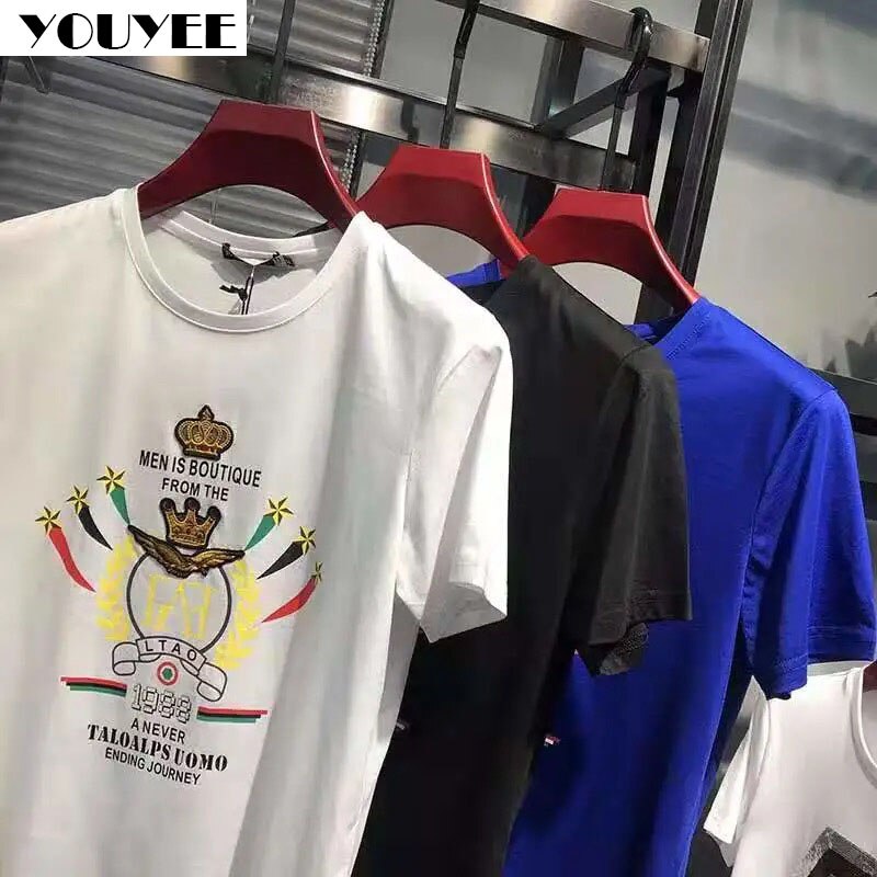 Men&amp;#39;s T-shirt Embroidery Printing European 2021 Summer New Tide Brand Mercerized Cotton High-Quality O-Neck Top Youth Clothing