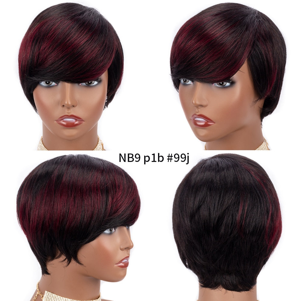 VIP Short Pixie Cut Wig Cheap Human Hair Wigs Straight Bob Wigs With Bangs Full Machine Human Hair for Black Women Black &amp;amp; Ombre