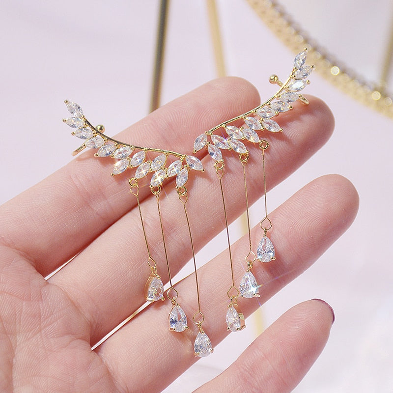 Korean Trendy Bling Zirconia Wing Tassel Earring for Women AAA Transparent Zircon Temperament Shining Stud Earring Pendant Gift