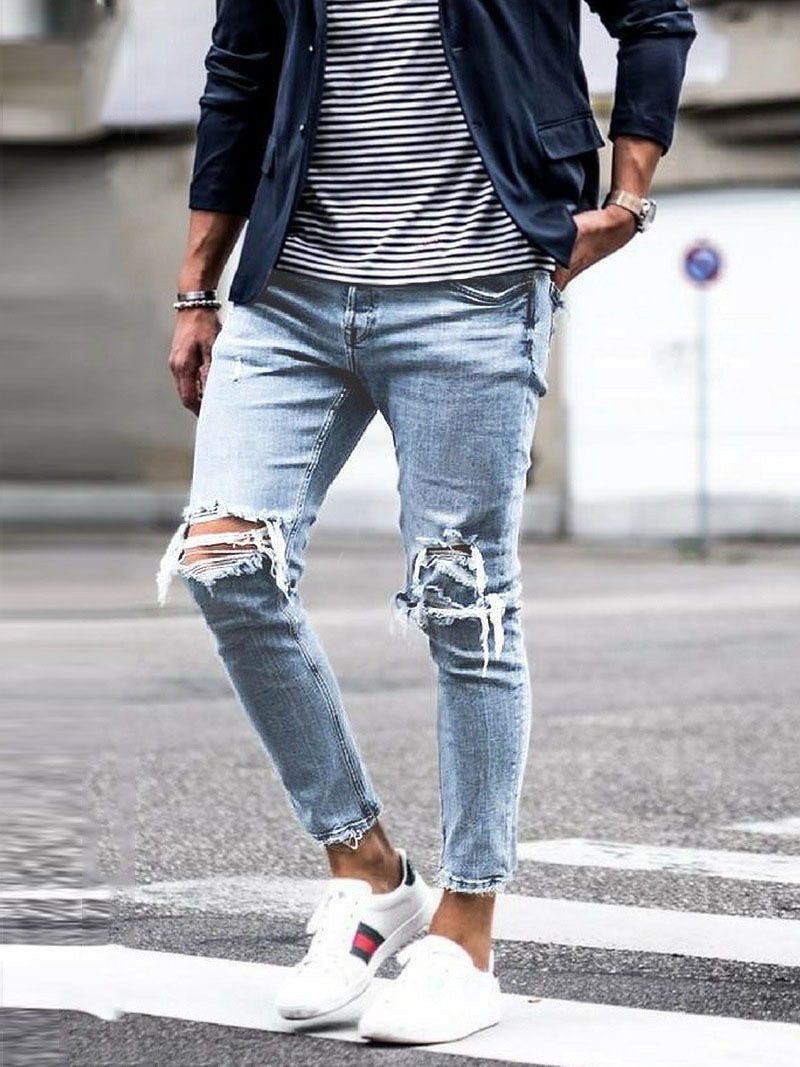 Men&amp;#39;s Painted Skinny Slim Fit Straight Ripped Distressed Pleated Knee Patch Denim Pants Stretch Jeans
