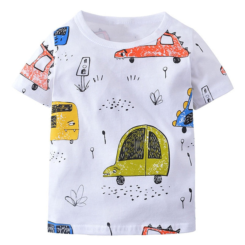 BINIDUCKLING Summer Toddler Boys Clothes Cotton Short Sleeve White Cartoon Car Print T-shirt 2PCS For Kids Children Boy Clothes