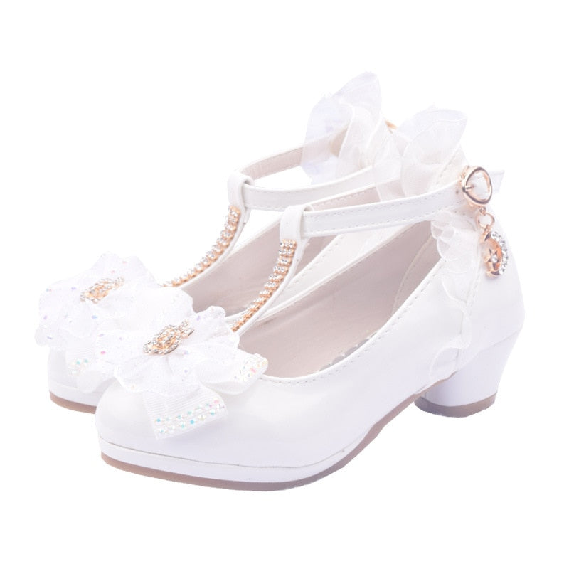 ULKNN Children Party Leather Shoes Girls PU Low Heel Lace Flower Kids Shoes For Girls Single Shoes Dance Dress shoe White Pink