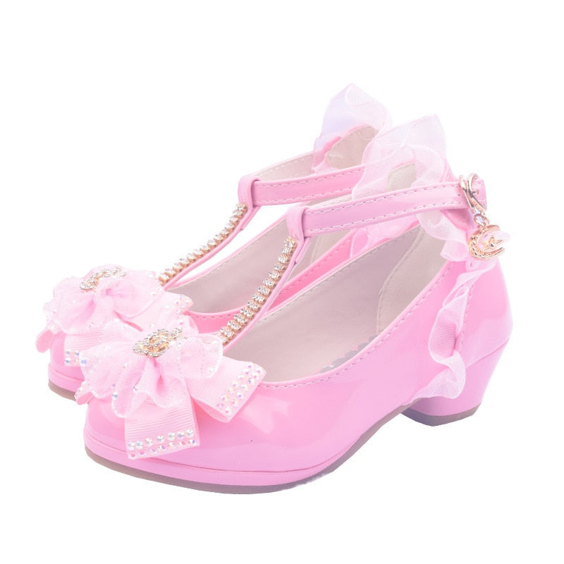 ULKNN Children Party Leather Shoes Girls PU Low Heel Lace Flower Kids Shoes For Girls Single Shoes Dance Dress shoe White Pink