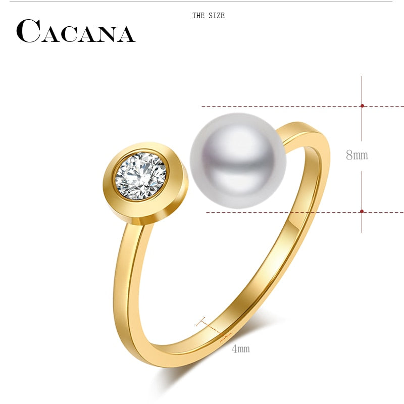 CACANA Stainless Steel Rings For Women Plated Pearl And Cubic Zirconia Fashion Jewelry Wholesale NO.R76