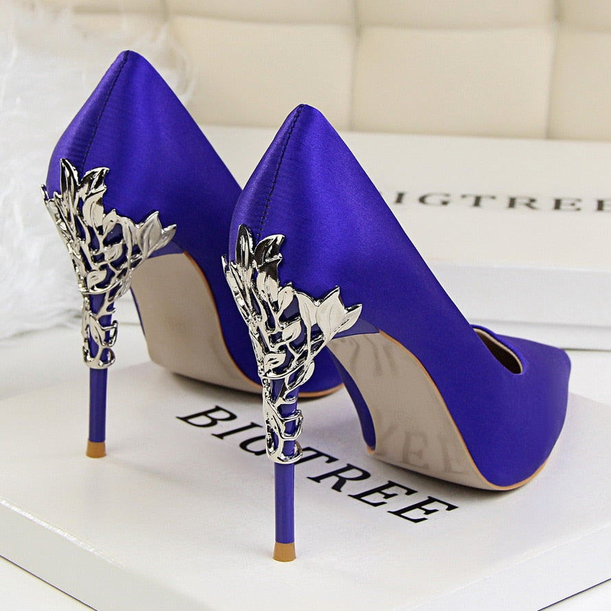 Elegant Metal Carved Heels Women Pumps 2019 High Quality Fashion Sexy Silk High Heels 13 Color 10cm Shoes Woman Wedding Shoes