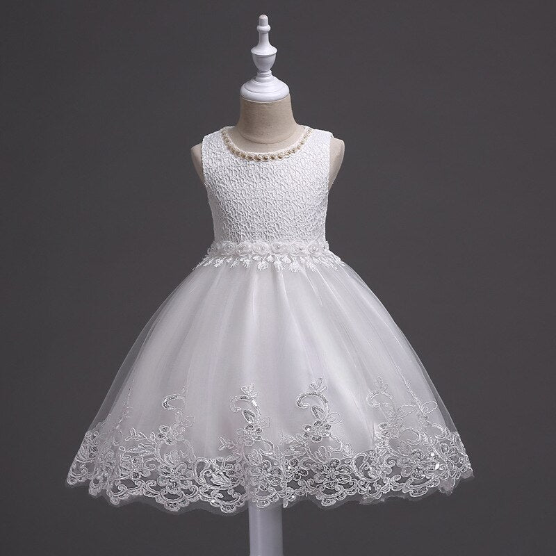Lovely Lace Appliques Beaded Pearls Flower Girl Dresses Kids Evening Gowns Wedding First Communion Clothing vestido 1-10Years