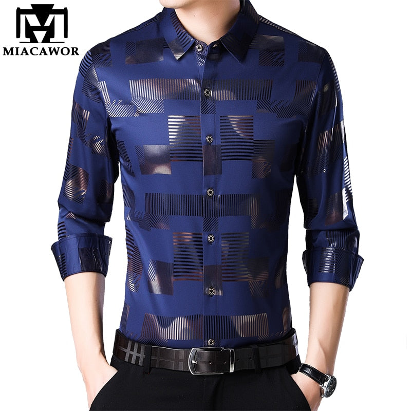 MIACAWOR New Business Casual Shirts Men Fashion Print Slim Fit Dress Shirt Long Sleeve Camisa Masculina Plus Size Clothes C457