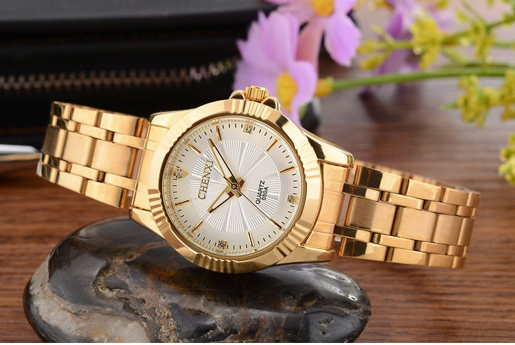 CHENXI Brand Classic Delicate Rhinestone Couple Lover Watches Fashion Luxury Gold Stainless Steel Men&amp;amp;Women Watch Orologi Coppia