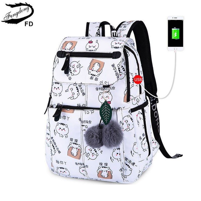 Fengdong female fashion school backpack usb school bags for girls black backpack plush ball girl schoolbag butterfly decoration