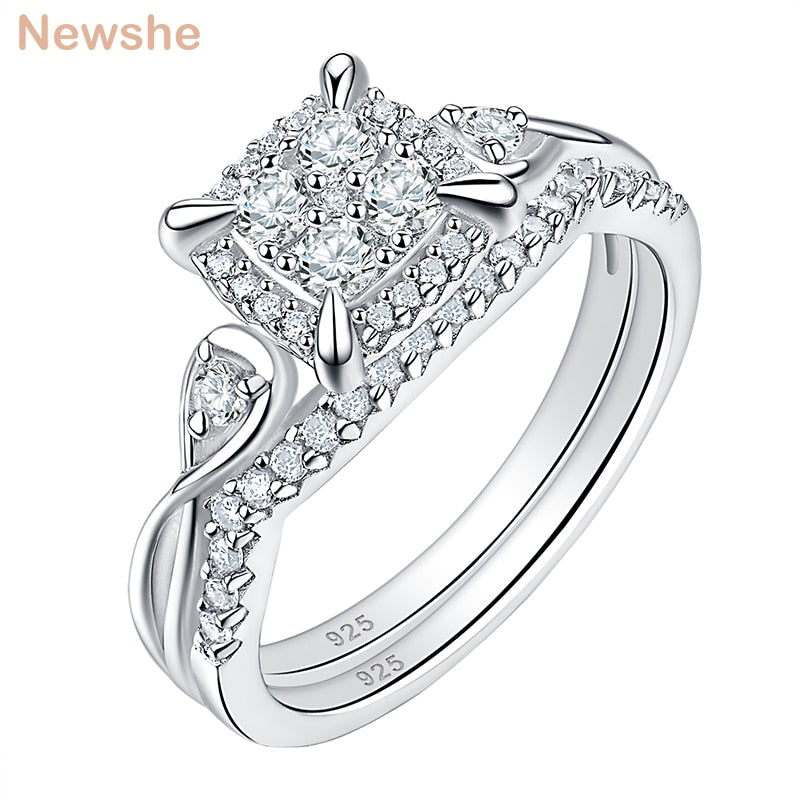 Newshe Exclusive Bridal Set for Women 2 Pieces Solid 925 Sterling Silver Wedding Rings Halo Round Cut Clustered AAAAA CZ