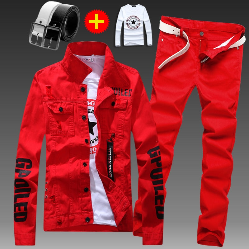 Men&amp;#39;s Slim Fit Denim Jacket Pants 2pcs Set Long Sleeve Coats Letters Printed Casual Large Size Black White Red Boys Trousers
