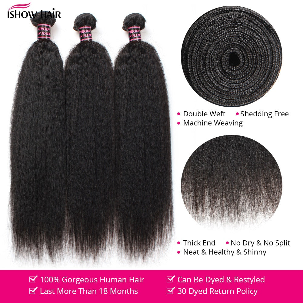 Ishow Peruvian Kinky Straight Hair Weave Bundles 8A Grade Human Hair Bundles Yaki Human Hair Extension Natural Black Color
