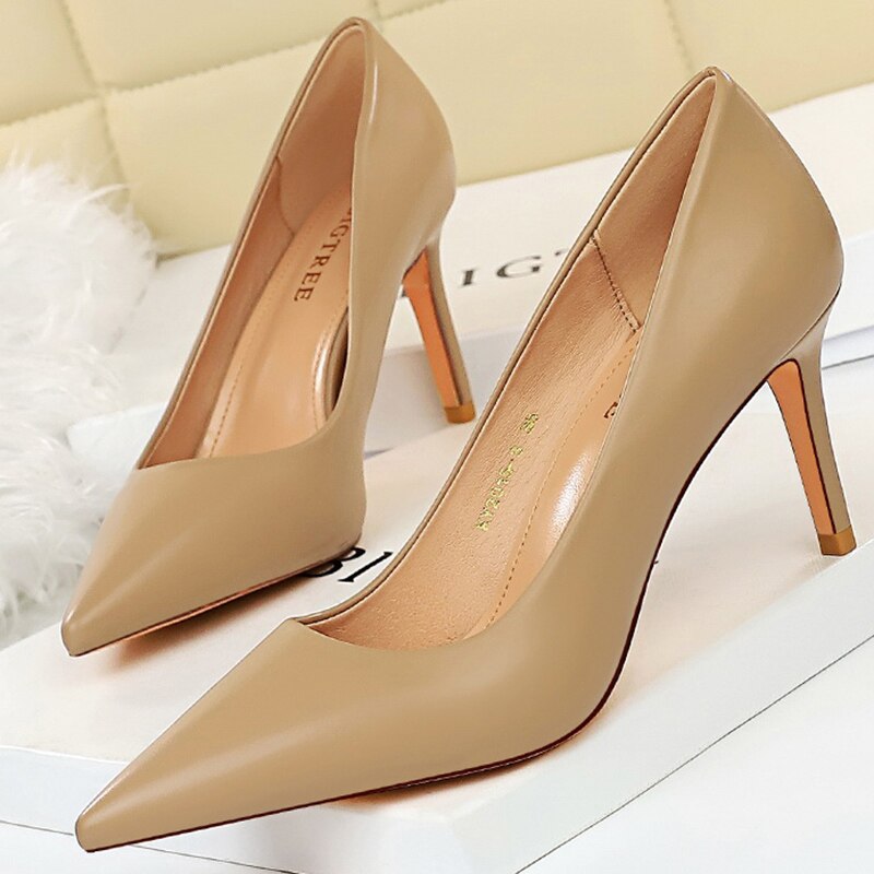 2022 Elegant Women 7.5cm Thin High Heels Party Pumps Pu Leather White Yellow Nude Heels Pumps Bridal Pumps Office Ladies Shoes