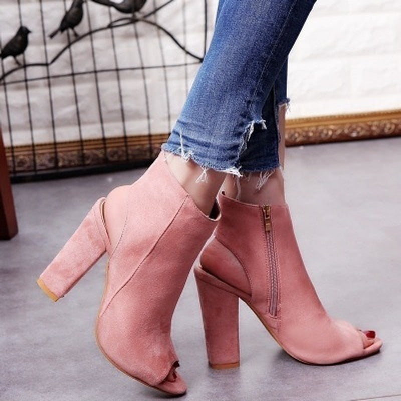 New Women Ankle Boots Faux Suede Leather Casual Open Peep Toe High Heels Zipper Fashion Square Rubber Black Shoes for Women