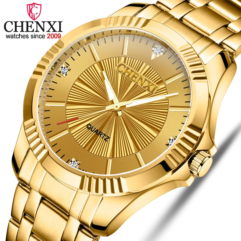 CHENXI Brand Classic Delicate Rhinestone Couple Lover Watches Fashion Luxury Gold Stainless Steel Men&amp;amp;Women Watch Orologi Coppia