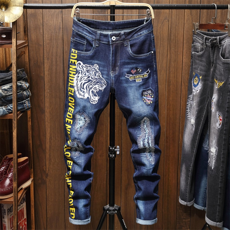 Male Jeans Men Men&amp;#39;S Jean Homme Denim Slim Fit Pants Trousers Blue Biker Printing Jeans For Men Skinny Casual Fashion Sweatpants