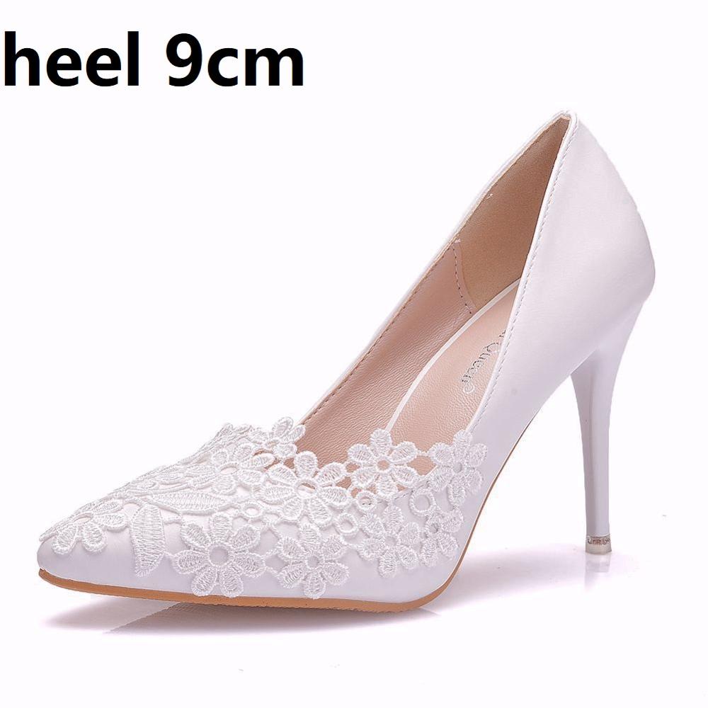 Crystal Queen White Lace Flower Pumps Womens Elegant Wedding Shoes Bride High Heels Platform Ladies Wedges Party Dress Stiletto