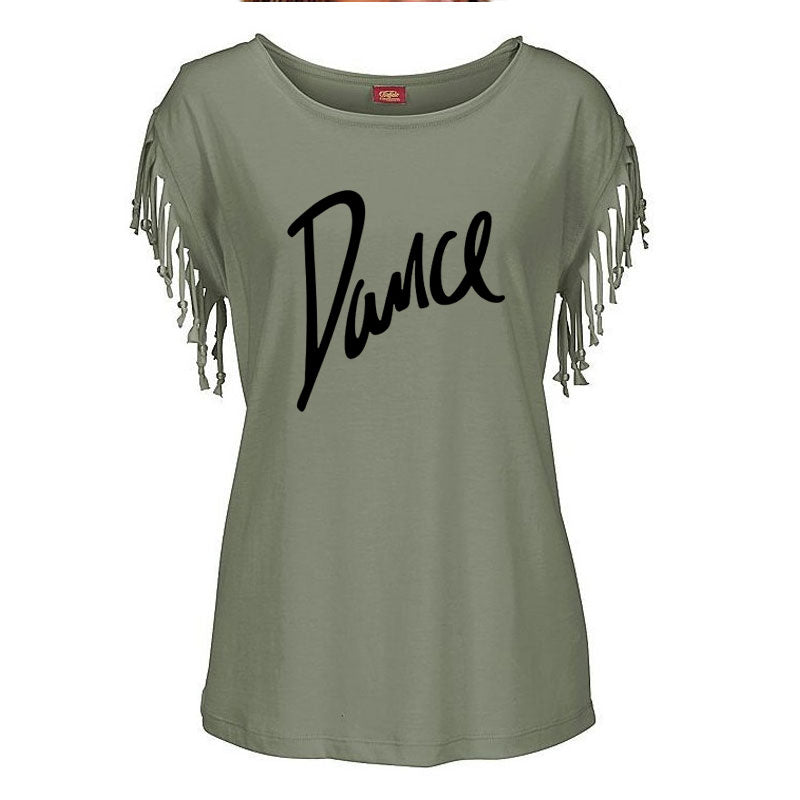 New Summer Casual Letter Dance Women Cotton Tassel Casual T-shirt Loose Tees Short Sleeve O-neck Women&#39;s Clothing t shirt