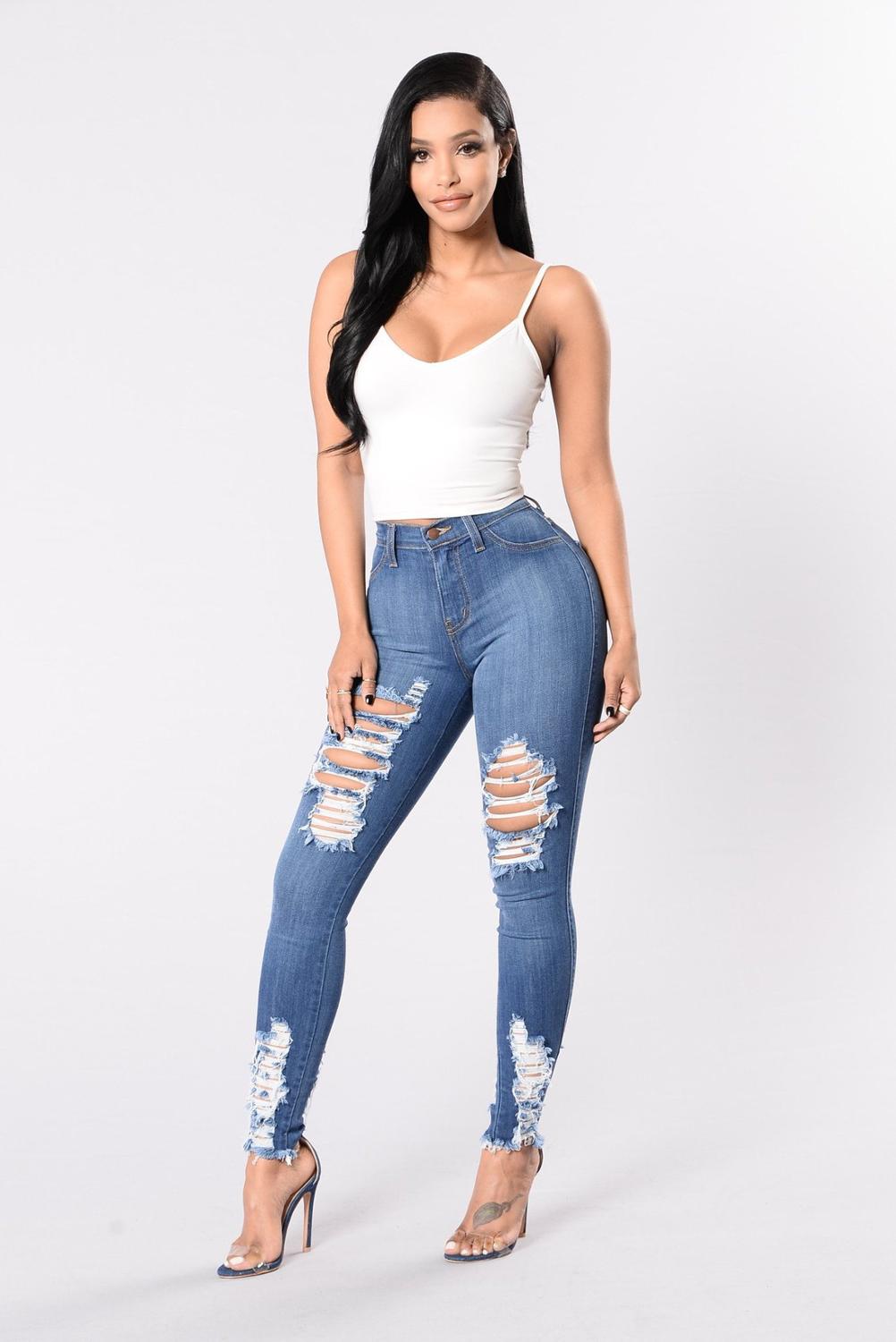 Hot sale woman ripped jeans fashion trendy high waist jeans casual skinny slim denim pencil pants S-3XL Top quality new arrival