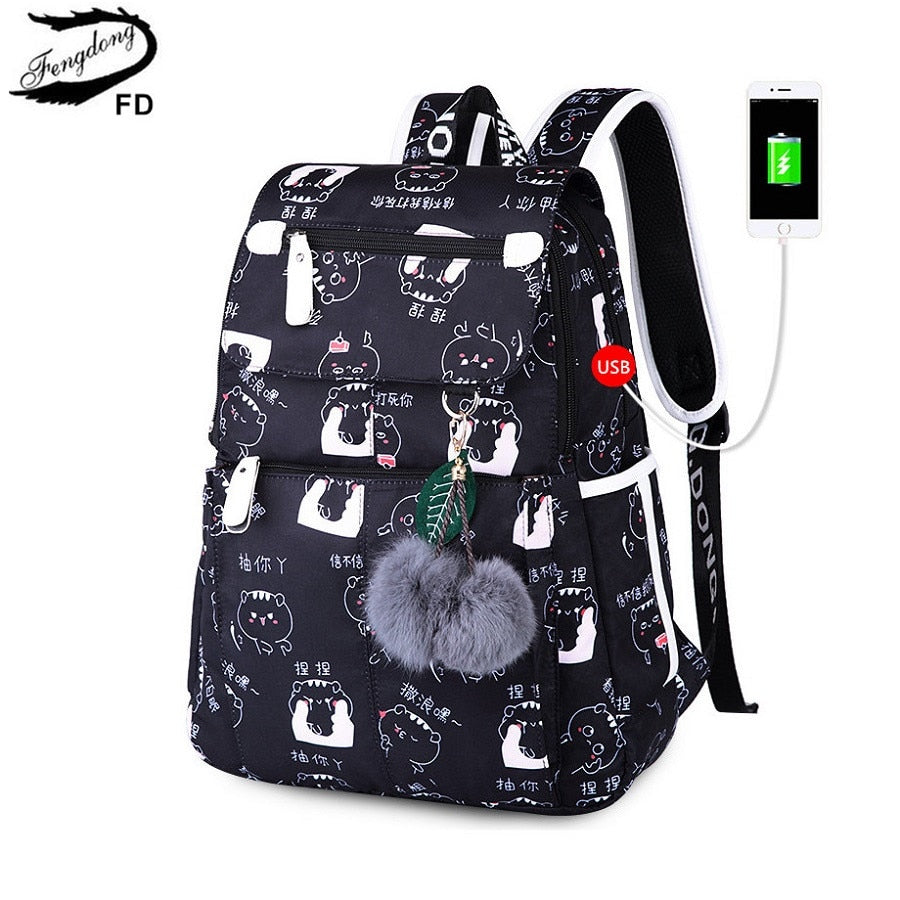 Fengdong female fashion school backpack usb school bags for girls black backpack plush ball girl schoolbag butterfly decoration