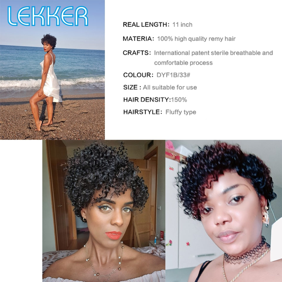 Lekker Short Curly Human Hair Wigs For Black Women Pixie Bob Afro Kinky Brazilian Remy Natural Part Side With Bangs Cheap Wigs