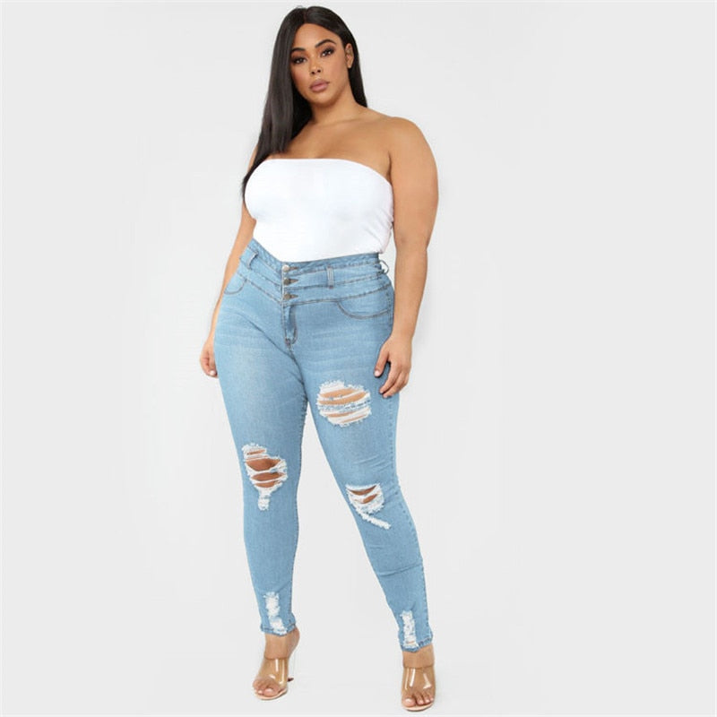 Women&amp;#39;s Plus size jeans Black and blue high waist ripped jeans Fashion casual skinny denim pencil pants L-5XL drop shipping