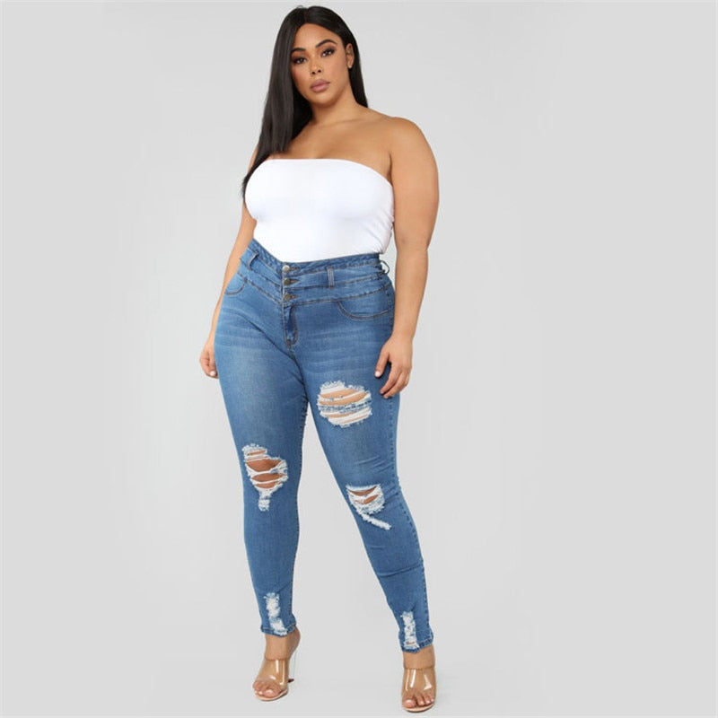 Women&amp;#39;s Plus size jeans Black and blue high waist ripped jeans Fashion casual skinny denim pencil pants L-5XL drop shipping