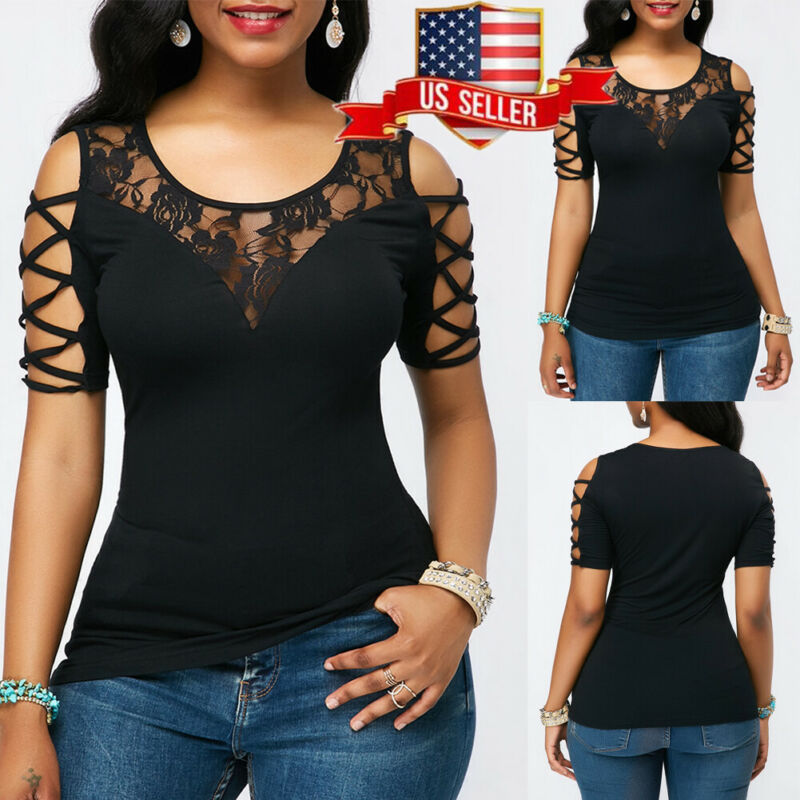 Women Lace T-shirt Solid Color Mesh Round Neck Short Sleeve Bandage Hollow Out Slim Tee Top Summer Casual Tops