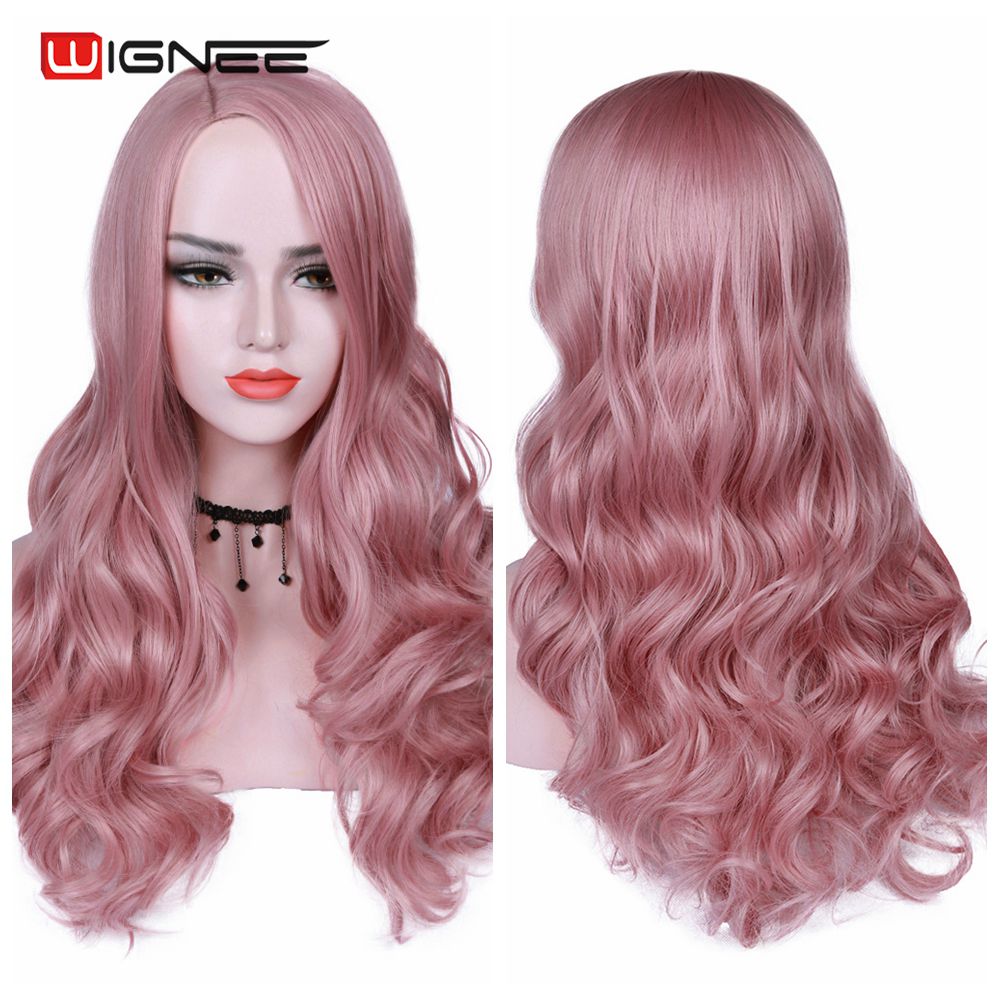 Wignee Pink Hair Synthetic Wig Long Wavy Wigs Heat Resistant For Women Daily/Party Natural Black to Brown/Purple/Ash Blonde Wig