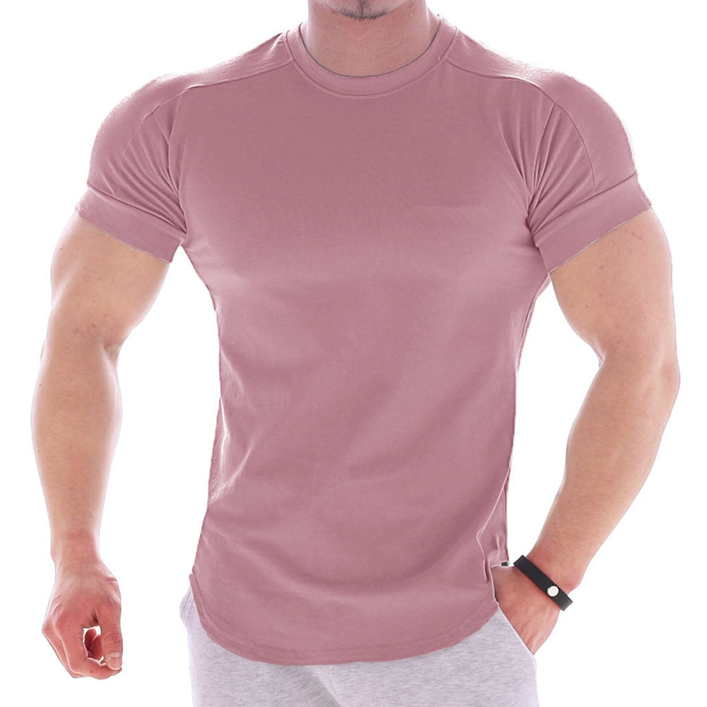 Solid Gym Fitness tshirt Men Casual Cotton Short sleeve T-shirt Bodybuilding Skinny Tee shirt Tops Male Summer Training Clothing
