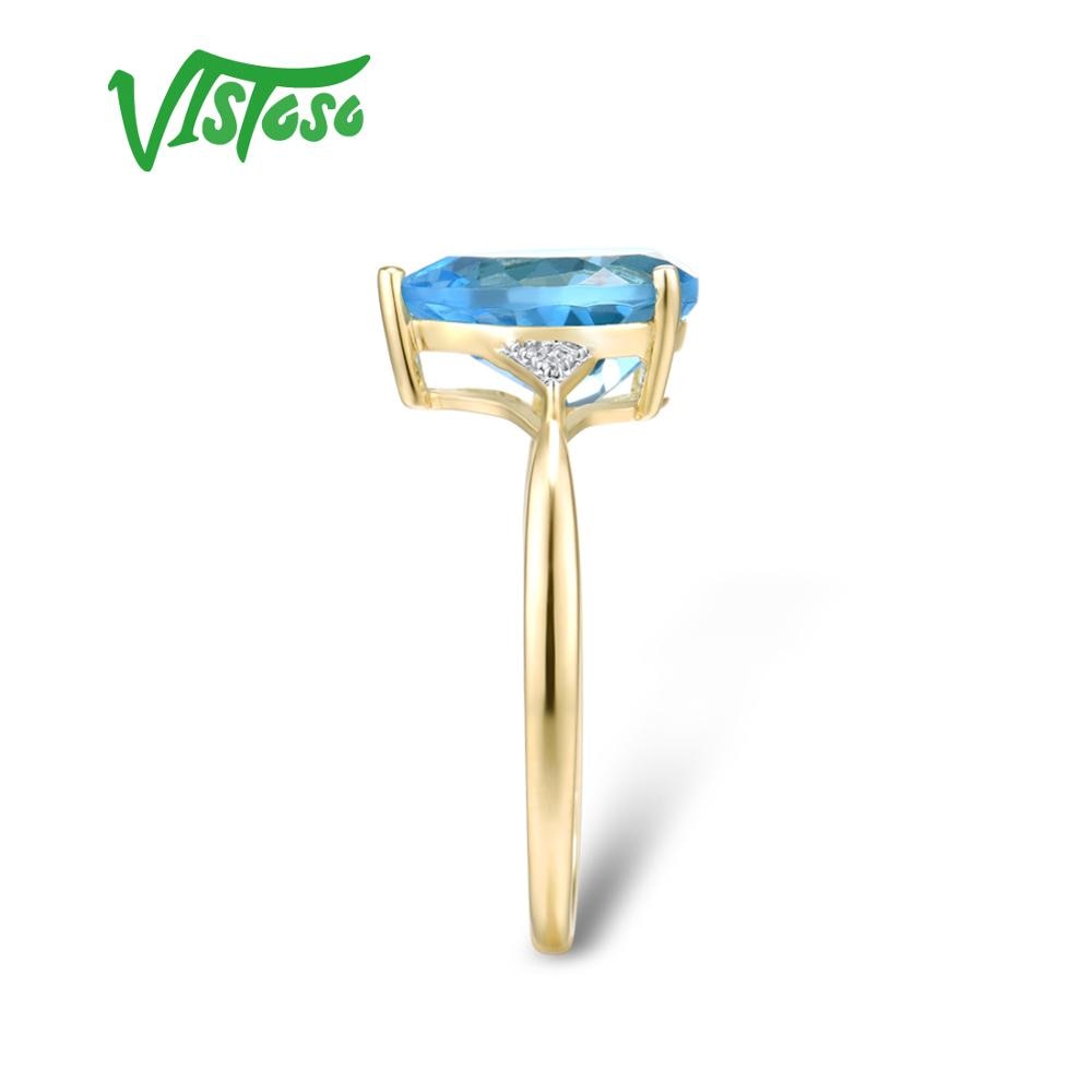 VISTOSO Pure14K 585 Yellow Gold Ring For Women Sparkling Diamond Limpid Blue Topaz Anniversary Classic Fine Jewelry