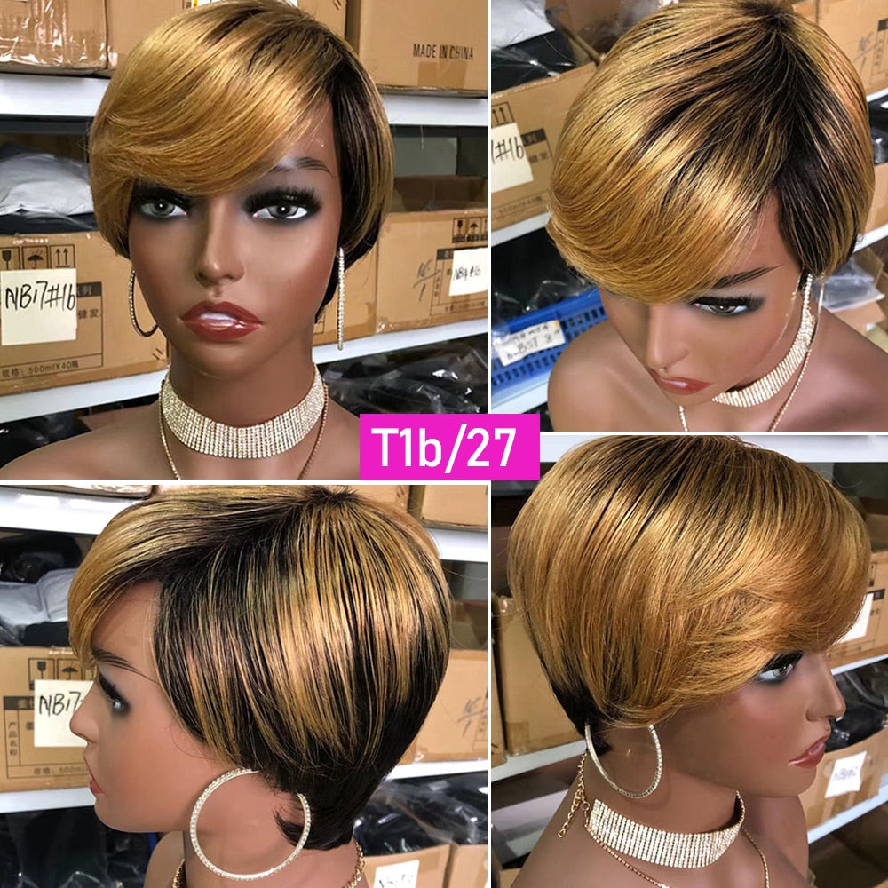 VIP Short Pixie Cut Wig Cheap Human Hair Wigs Straight Bob Wigs With Bangs Full Machine Human Hair for Black Women Black &amp;amp; Ombre