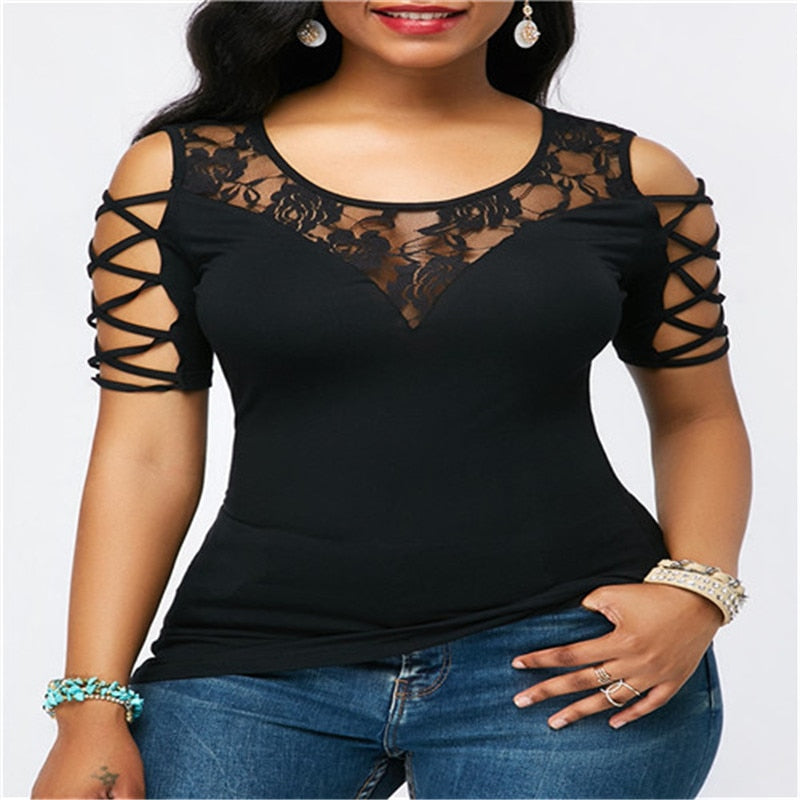 Women Lace T-shirt Solid Color Mesh Round Neck Short Sleeve Bandage Hollow Out Slim Tee Top Summer Casual Tops