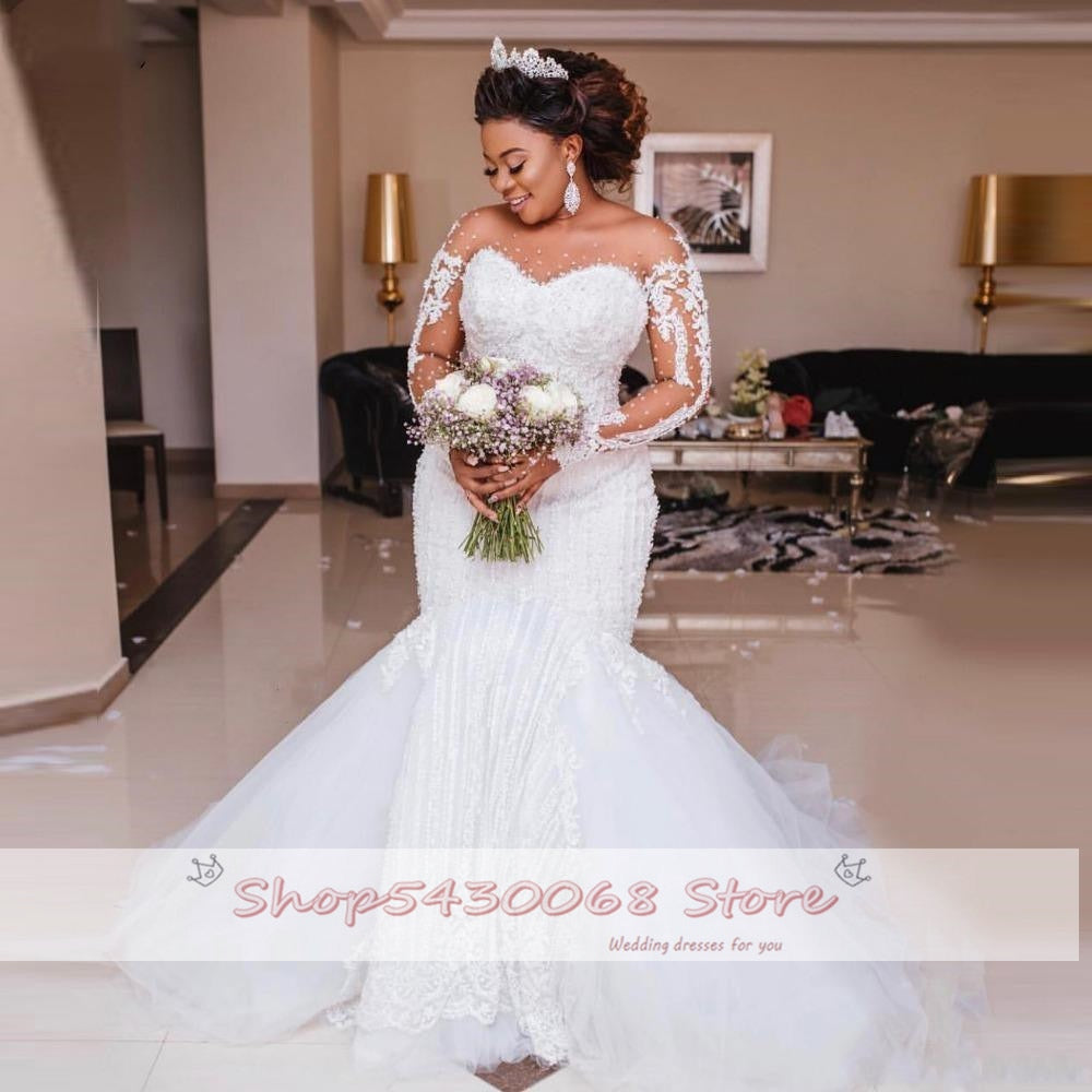 African Luxury Beading Mermaid Wedding Dress Long Sleeve Appliques Pearls Wedding Gowns Plus Size Black Bride Vestido de noiva