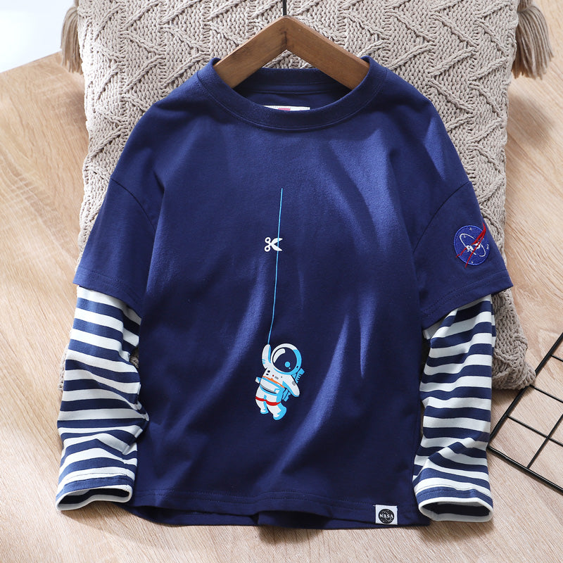 Love Spaceman Long-Sleeved Soft Nuo Fake Two-Piece T-shirt