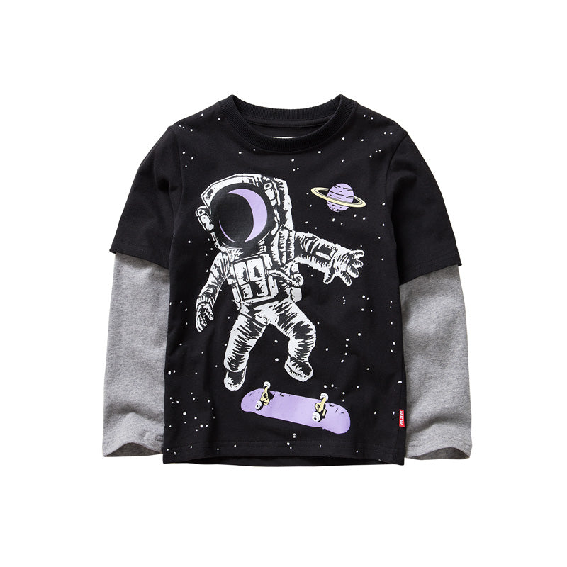 Love Spaceman Long-Sleeved Soft Nuo Fake Two-Piece T-shirt