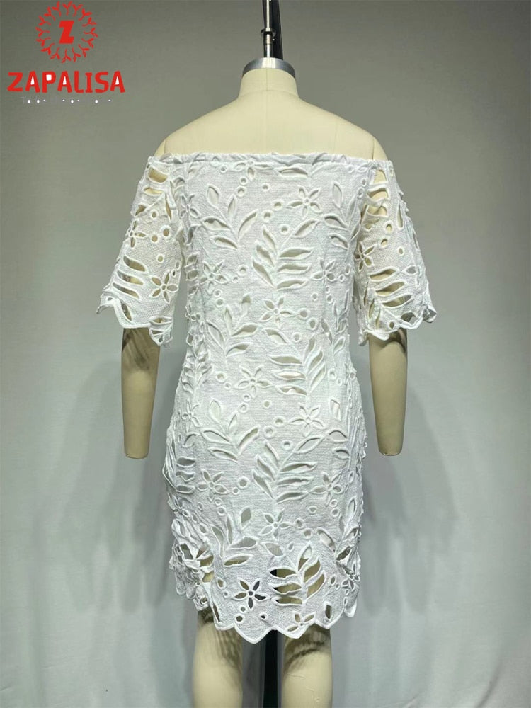 Elegant Women Summer Solid Color Pencil Dress Hollow Out Design Lace Decor See Through Slash Neck Half Sleeve Slim Mini Dress