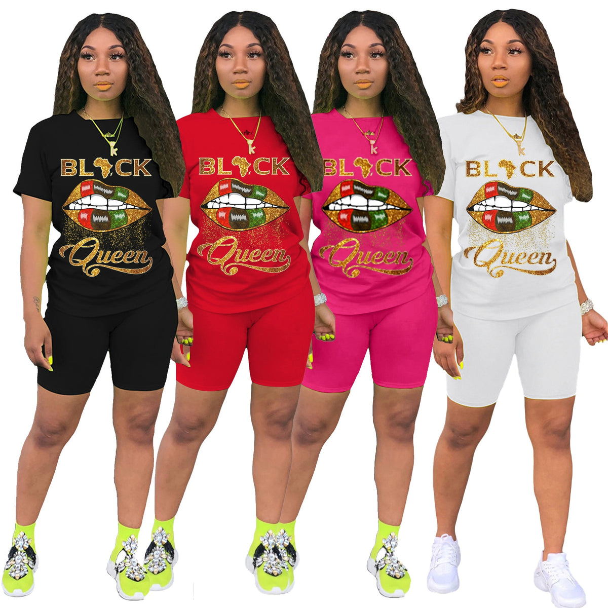 Women Black queen Letter Print short Sleeve Sweatsuit Spring Female Stripe Tracksuits Casual 2 Pcs Set Two Piece Sporty Outfits