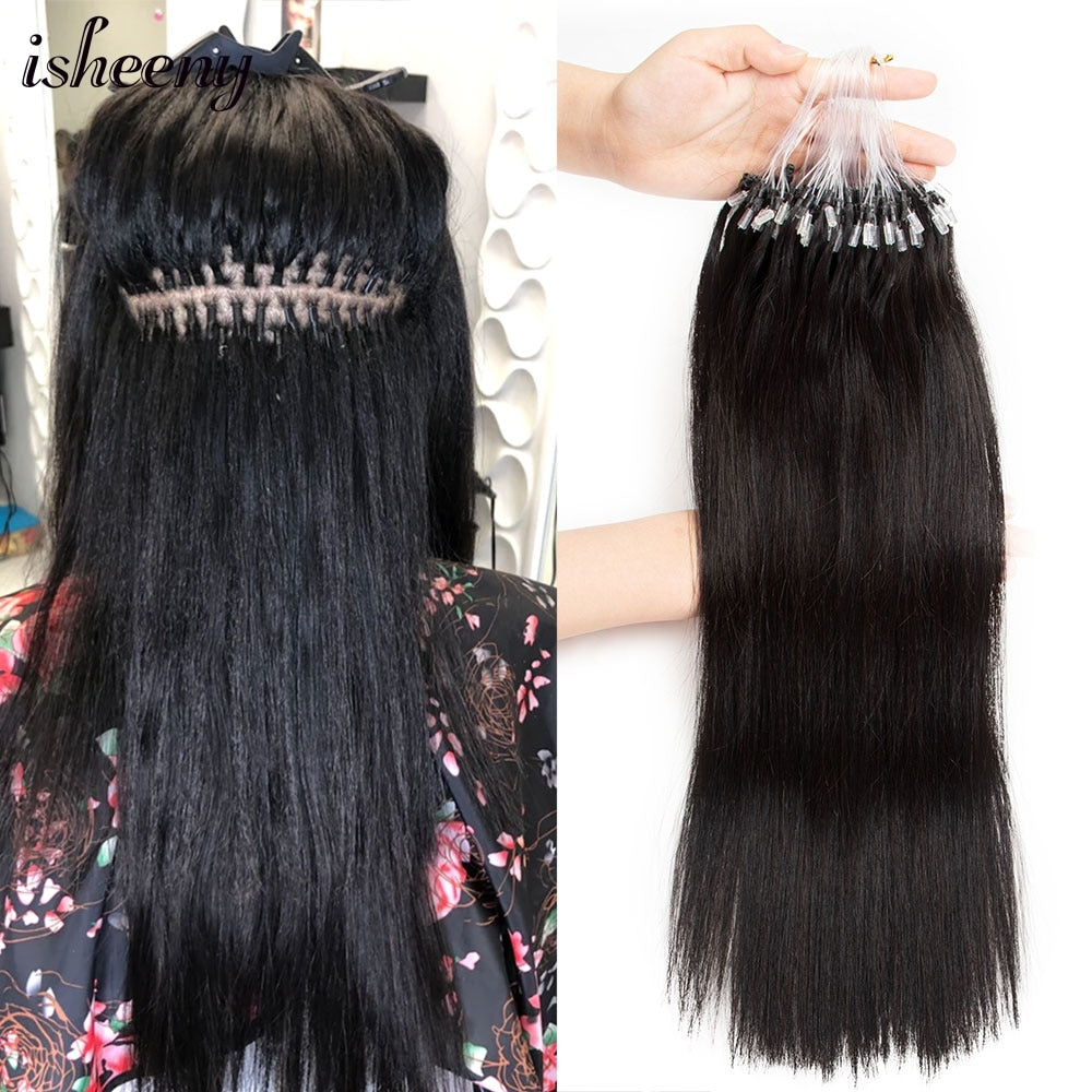 Isheeny Straight Micro Loop Human Hair Extensions 12&quot;-26&quot; Natural Remy Loop Micro Ring Link Hair for Women Real Human Hair