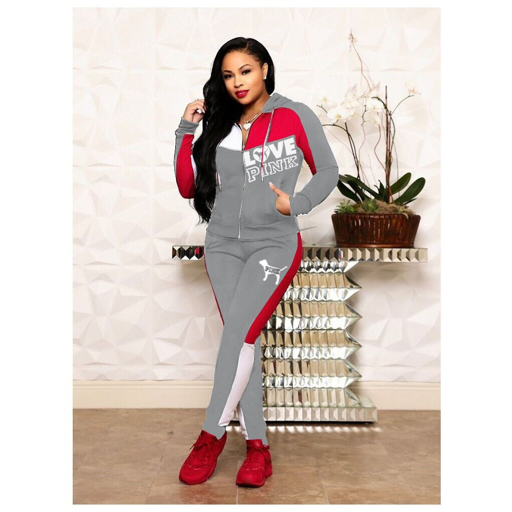 HLJ&amp;amp;GG Casual PINK Letter Print Hoody Tracksuits Women Zipper Long Sleeve Top And Pants Two Piece Sets Fashion Patchwork Outfits