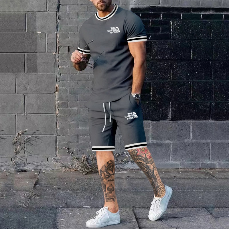 Summer Men&amp;#39;s New Solid Color Round Neck Top Shorts Suit Male Fashion Sports T-shirt Casual Set