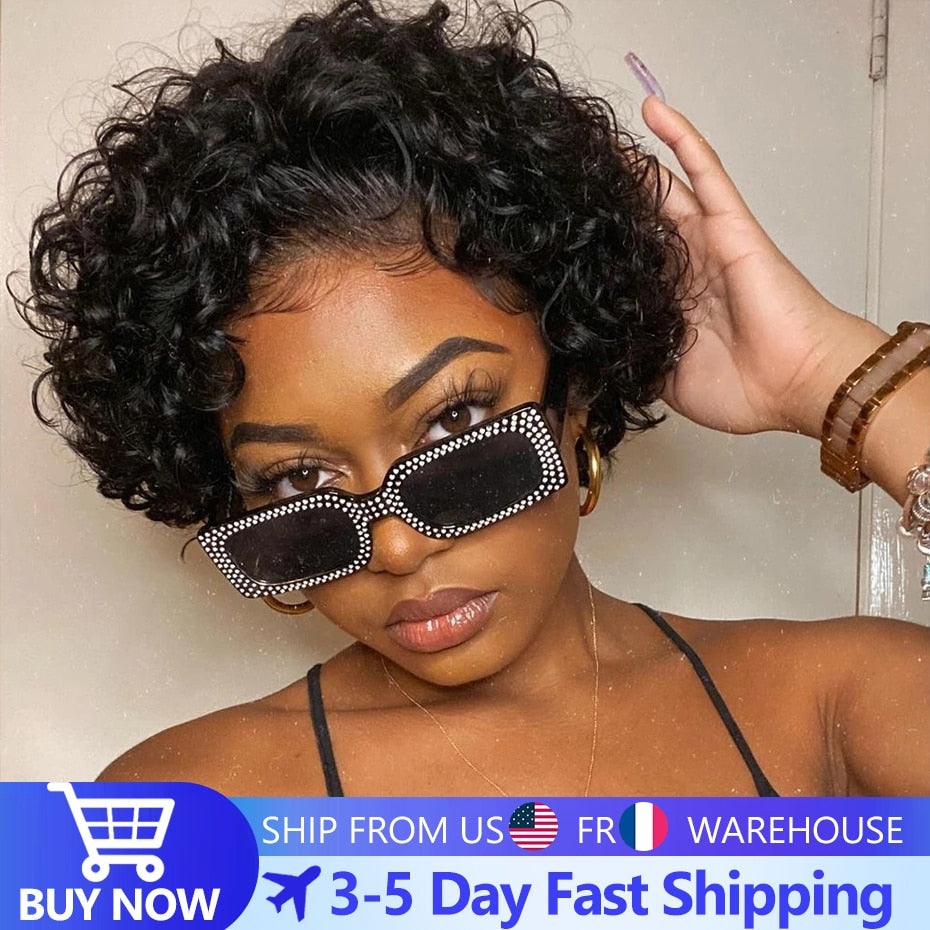 Brown Pixie Cut Wig Short Curly Human Hair Wigs Cheap Human Hair Wig 13X1 Transparent Lace Wig For Women Human Hair Pre Plucked