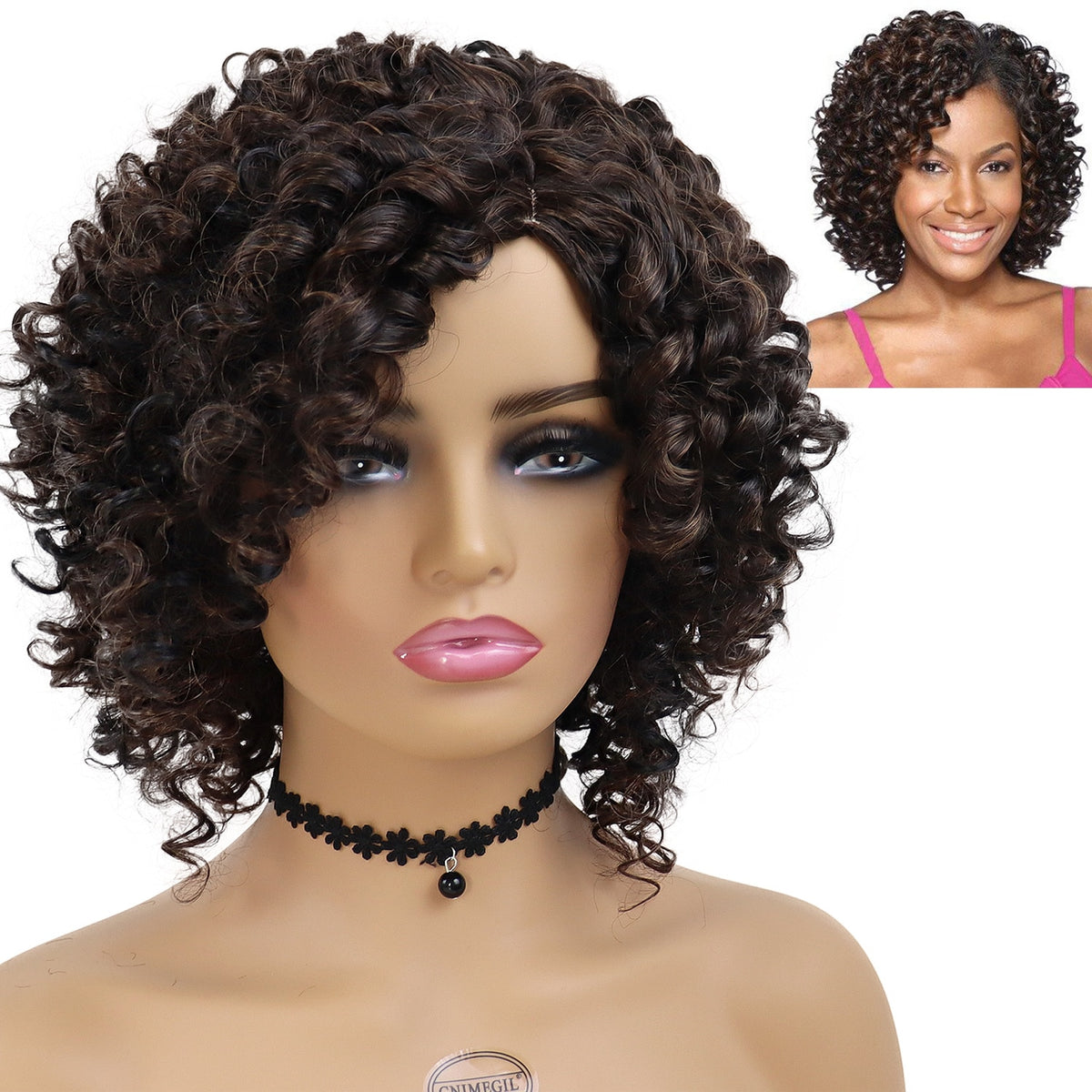 GNIMEGIL Synthetic Curly Wig Female Natural Kinky Afro Wigs for Black Women Dark Brown Hair Curl African American Wig for Woman