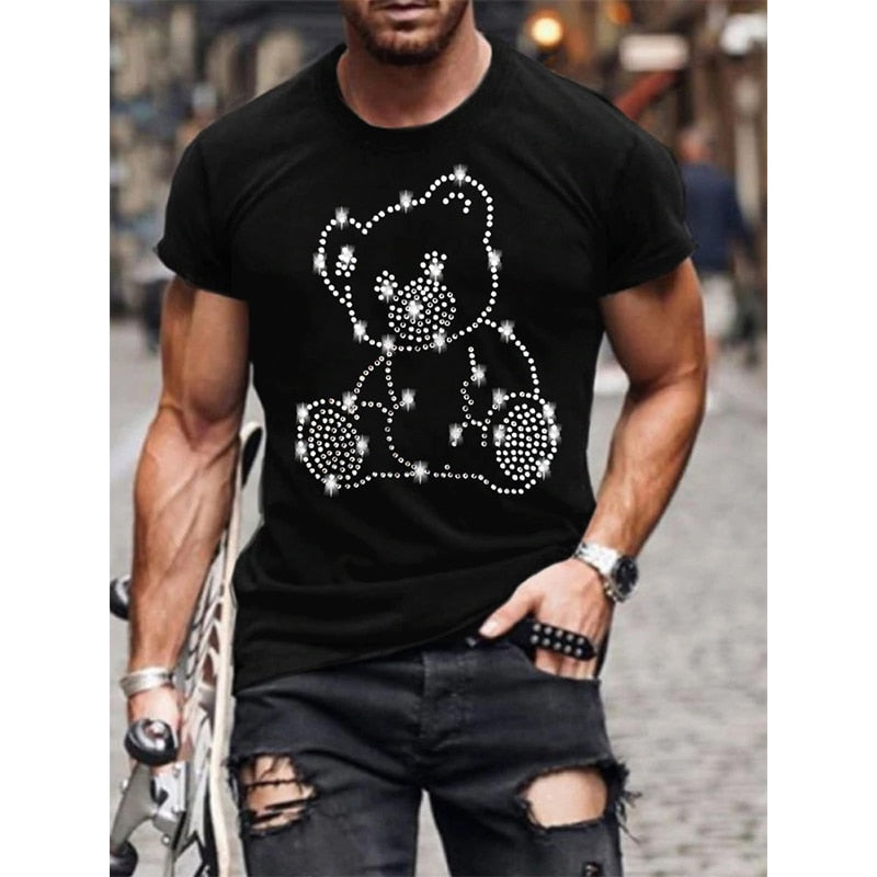 Mens Quality Fashion T-Shirts Casual Street Short Sleeve Dollar Sign Hot Drill Men Clothes Tee Tops O-Neck Rhinestone Tshirt Y2K