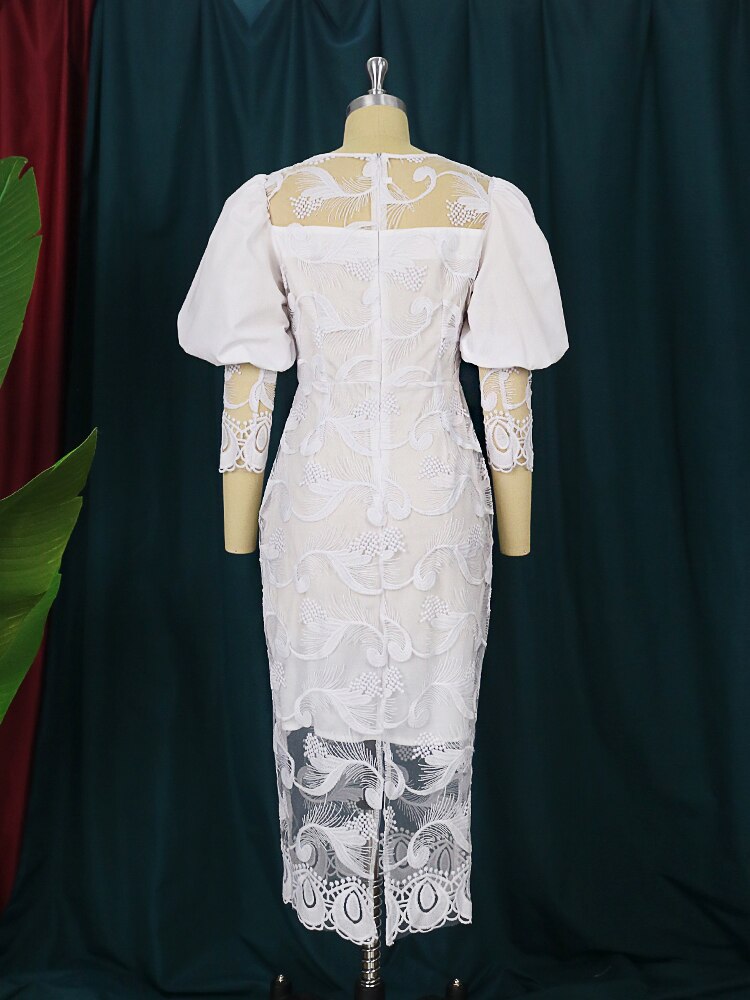 Elegant Women White Lace Dress Puff Sleeve Embroidery Pencil Dress Large Size 4XL Ladies Wedding Birthday Dinner Evening Clothes