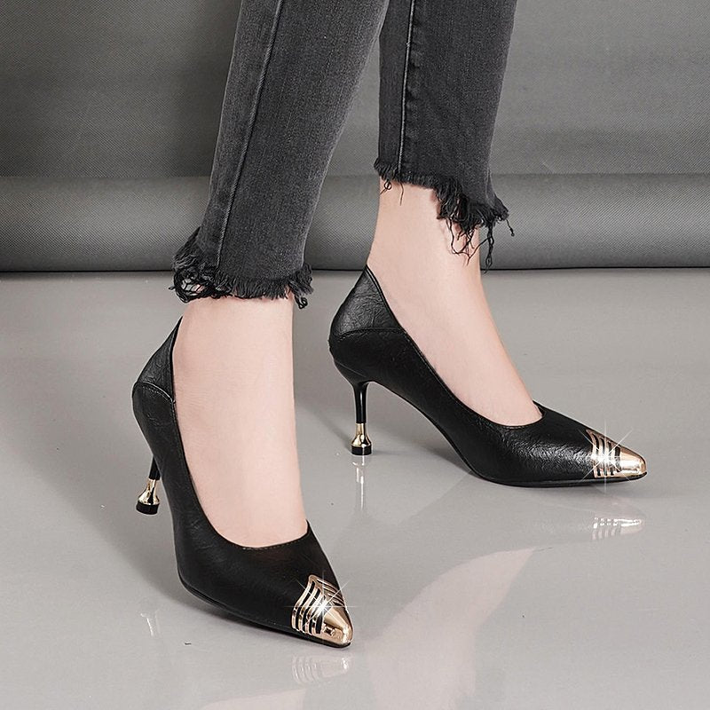 Pointed Toe Soft Leather Shallow Mouth Small High Heels Spring and Autumn Women&amp;#39;s 2022 New All-match Black Leather Shoes Women